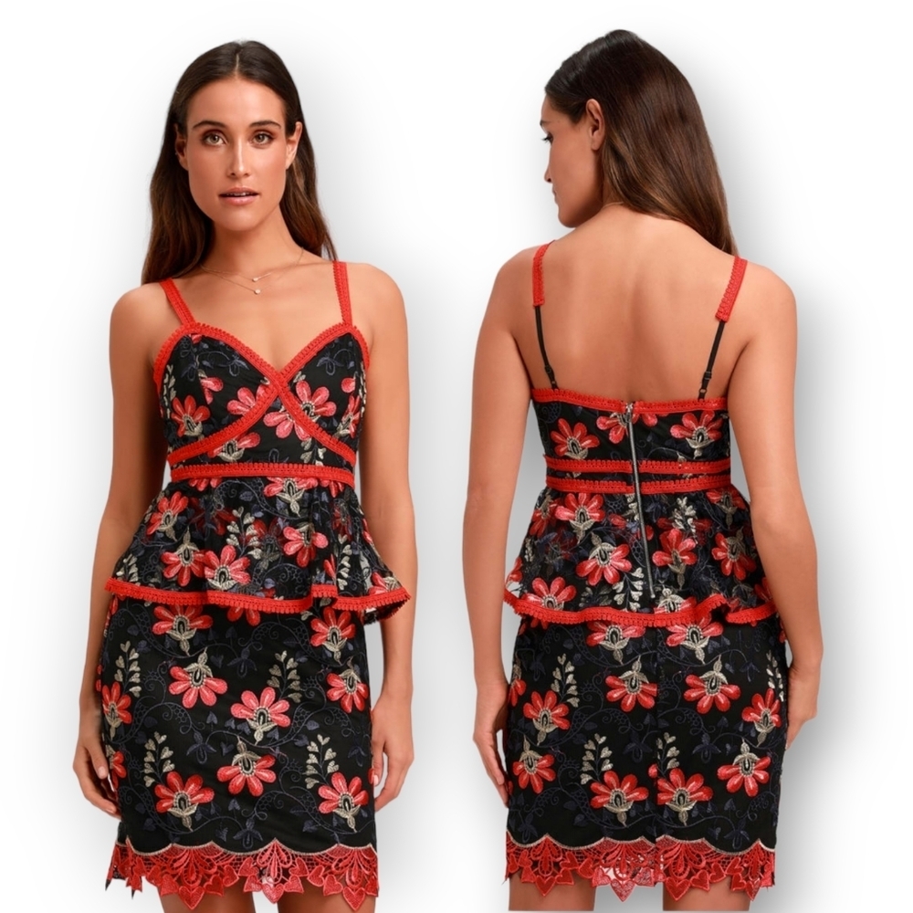 Lulus women's Karina black and red floral embroidered peplum dress size M